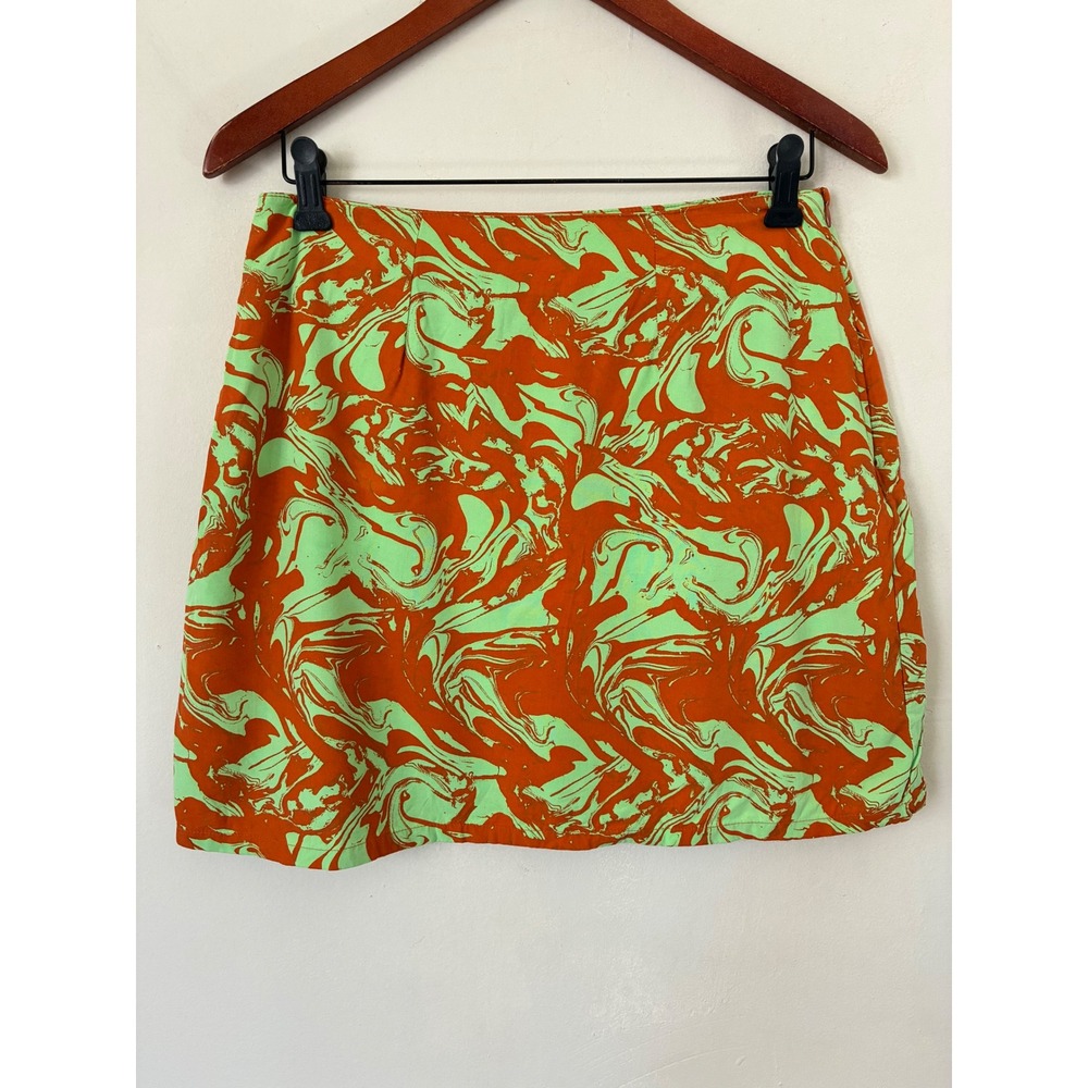 Valija Orange Lime Green Marble Swirl Mini Skirt L High Waisted Pockets Festival